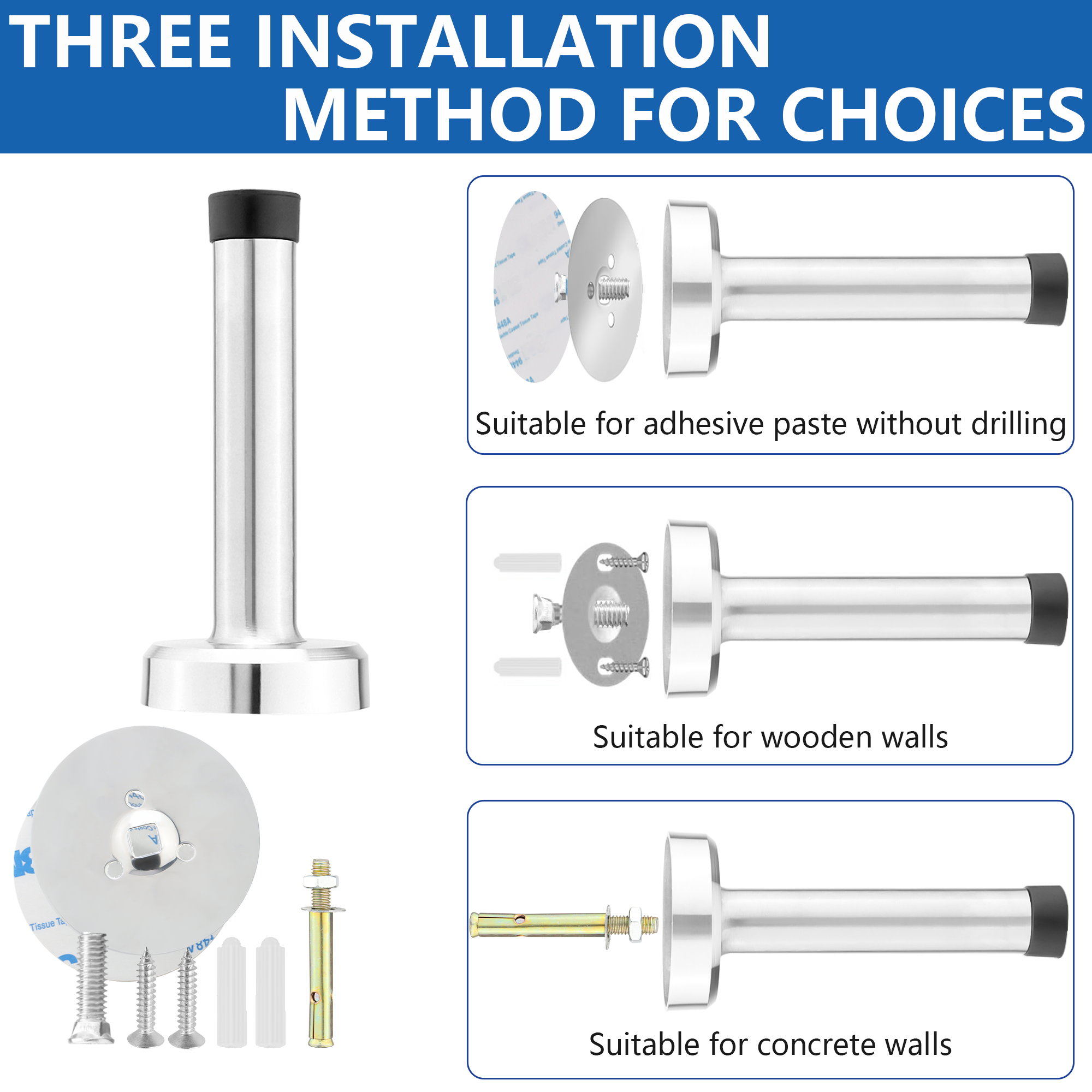 Door Stopper, Rubber Door Stop - Wall Mounted with Dual Installation (Adhesive & Screws) - Stainless Steel T-Shaped Bumper with