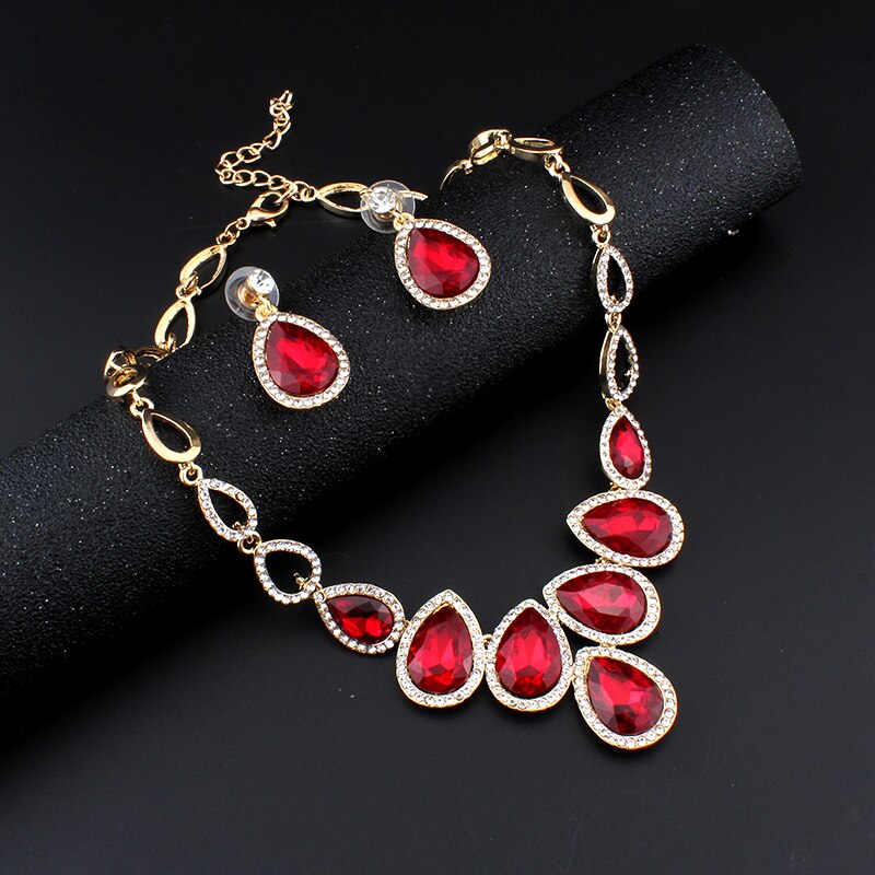 Jiayijiaduo africanos calientes conjunto de joyas de oro de color cristal collar y pendientes para las mujeres de cristal rojo, conjunto de joyería de la boda