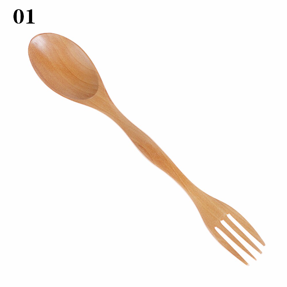 2 in1 specialbestick av naturligt trä bestick dubbelsidigt soppsked gaffel middagsservis set bestick av trä: 1