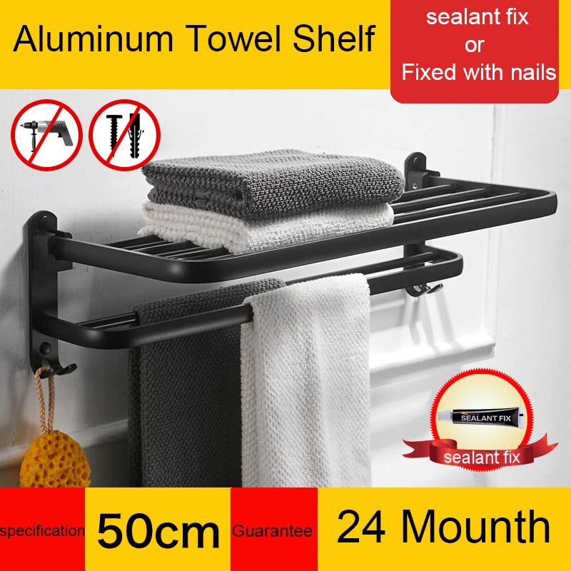 Matte Black Movable Bath Towel Holder No punching Wall Mounted Bath Towel Shelf Folding Towel Holder Towel Bar with Hooks: 50cm long