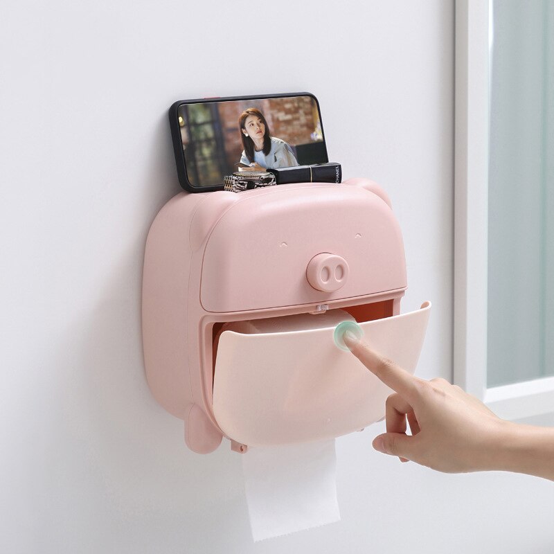 Pig Bear Wall Mounted Toilet Paper Holder Multifunctional Waterproof Storage Box Organizer Tissue Box Roll Paper Bathroom