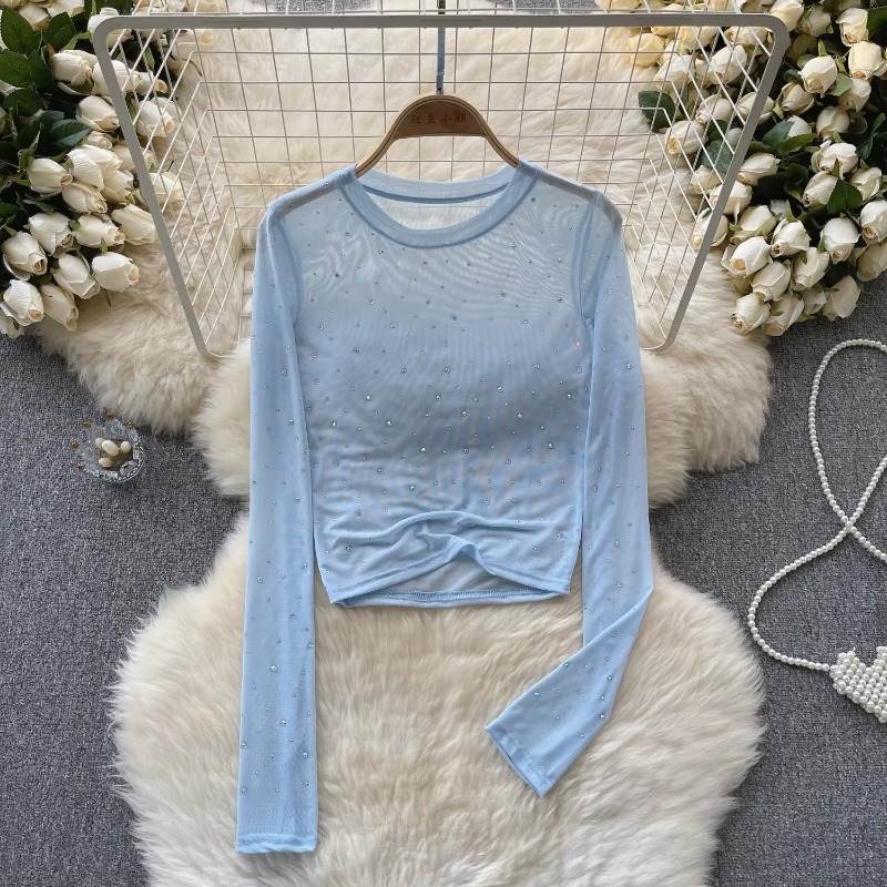 Kvinder hotsweet chic rhinsten mesh transparent lange ærmer sexet crop top slank sexet koreansk t-shirt efterårsskjorte til kvinder