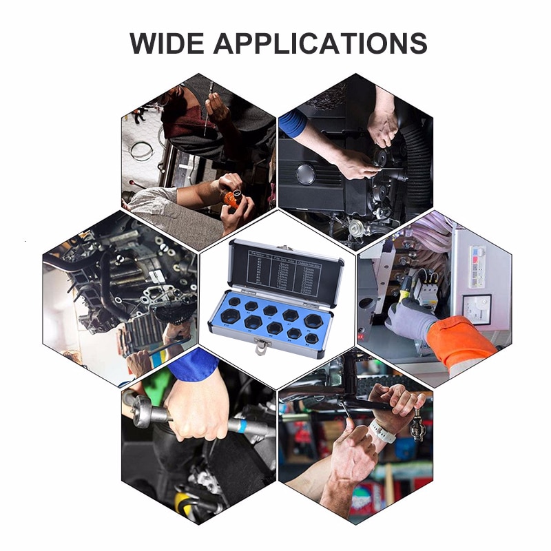 NS Modify 10PCS Damaged Lug Nut Lock Remover Nut Removal Tool Car Wheel Nut Socket Screw Extractor Tool Twist Socket Kit