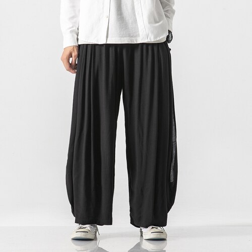 Mænd bukser i linned med brede ben mand harajuku streetwear haremsbukser mandlig kinesisk stil hanfu kongfu sorte bomuldsbukser nederdel: 4xl / Sort
