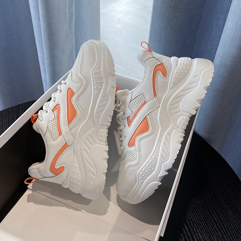 Fujin chunky sko walking til kvinder sneakers sko platform hvid snørebånd åndbare komfortable sko sveder ikke: Hvidgul / 5.5