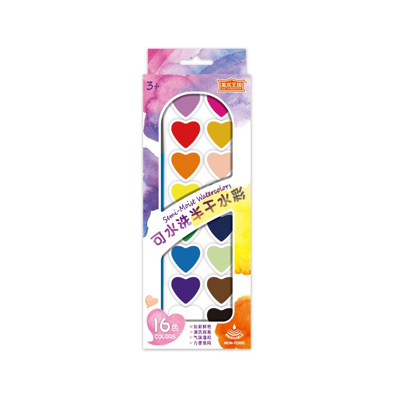 Pół-wilgotne akwarele zestaw z pędzlem kształt serca zmywalne pół suche akwarele dla dzieci 16 kolorów 24 kolory 32 kolory