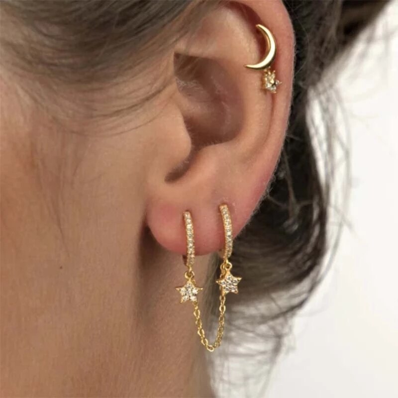 BOAKO-pendientes de aro de doble círculo para mujer, de Plata de Ley 925, Clips de cadena en pendientes, aros de seguridad, anillo colgante de circonita relámpago, joyería para mujer, 1 unidad