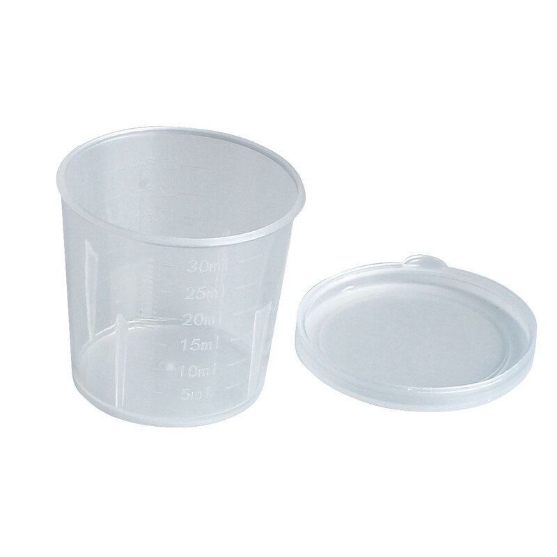 Lote de 10 unidades de botellas de laboratorio graduadas de plástico, prueba de laboratorio, medición de 30ml, recipientes, tazas con tapa, tazas de plástico para medir líquidos