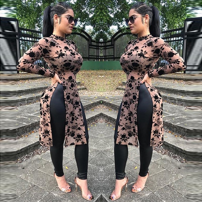 Forår kvinder mesh print lange toppe høj krave høj split casual skjorter lange ærmer dameskjorter roupas feminina
