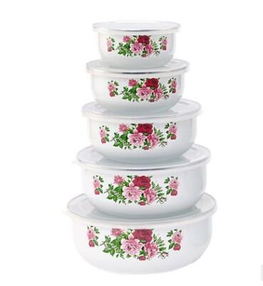 5Pcs/Emaille Kom Set Creatieve Bloem Dier Emaille Kommen Salade Voedsel Kommen Met Plastic Covers Voor Thuis Keuken: A