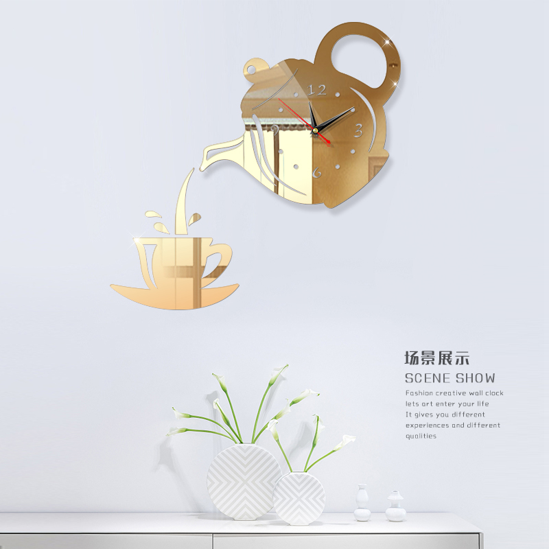 Diy 3D Teapot Wall Clock For Acrylic Coffee Cup, Kitchen Decorative Wall Clock, Wall Clocks For Living Room WJ10: light gold