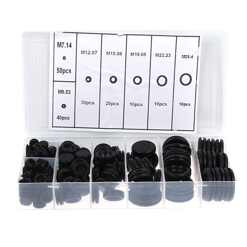 170pcs Black Closed Seal Ring Grommets Car Electrical Wiring Cable Gasket Kit Rubber Grommet Hole Plug Set with Plastic Box