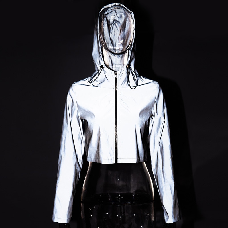 Flash Reflecterende Jas Vrouwen Korte Kapmantel Night Glowing Korte Jas Rits Vrouwelijke Reflecterende Capuchon