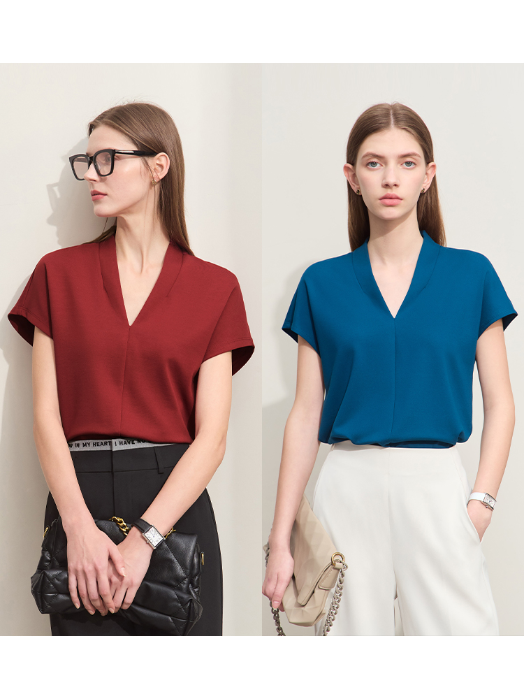 AMII Minimalisme 2023 Zomer dames T-shirt Klassieke Stijl Casual V-hals Korte Mouw Effen Stretch Vrouwelijke Tops & Tees 12312013