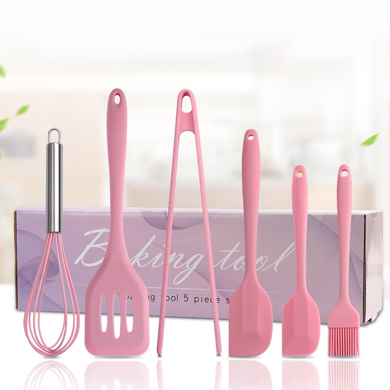 Food Grade Set of 6 Pink Silicone DIY Baking Tools Sets Scraper Brush Egg Beater Cake Tools Kitchen Baking Accessories Set