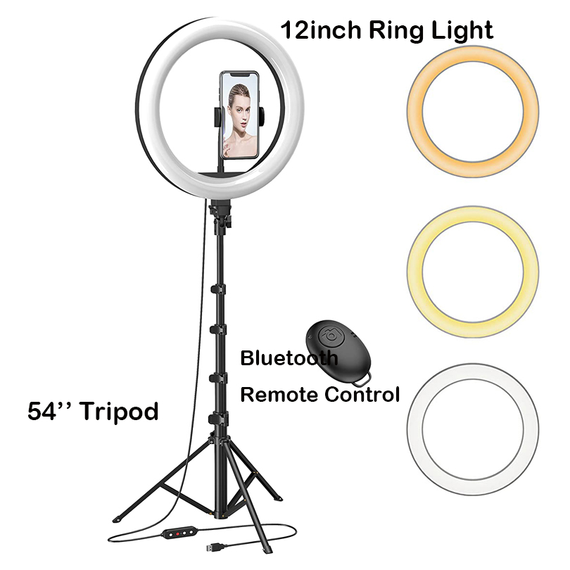 12 "Selfie Ringlamp Met Aluminium Statief, Bluetooth Afstandsbediening, Voor Video, Foto 'S, Make-Up,3 Kleurmodus Controller, Usb Aangedreven: Black