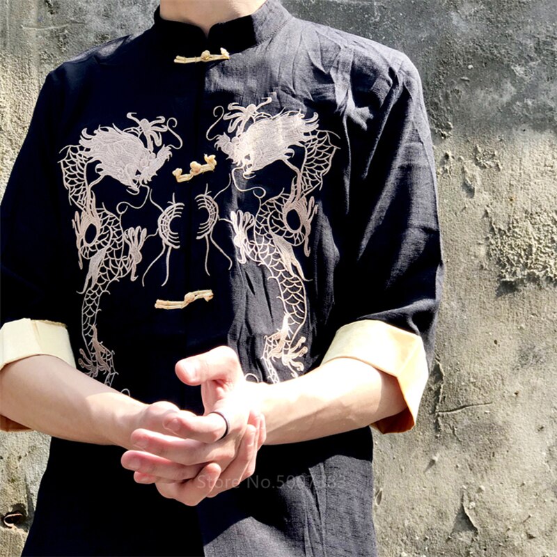 Tang dragt vintage dragon kung fu traditionel kinesisk tøj til mænd kvinder jakke kinesisk top hanfu mandlige skjorter bluse fest: Sort