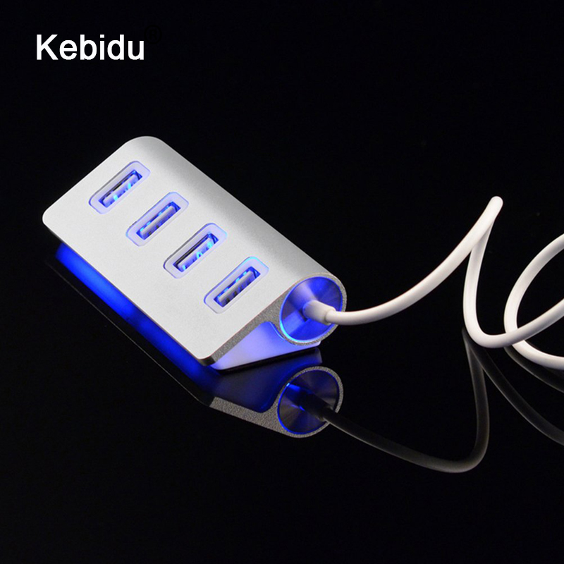 Kebidu High Speed Mini 4 Port Blauwe Led Light Usb Hub Splitter Aluminium Power Voor Apple Mac Macbook Laptop Desktop pc Computer