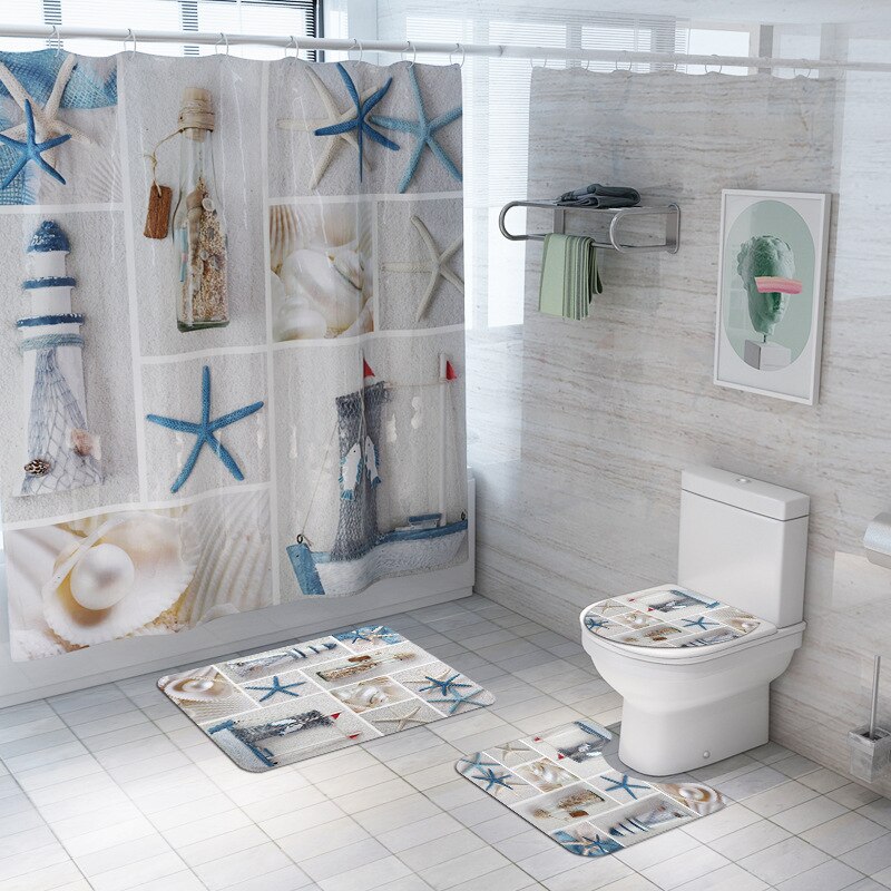 4 stk/sæt toiletbetræk måtte trædepude gulvtæppe bruseforhæng søstjerneprint bademåtter skridsikre toilettæpper havtema boligindretning