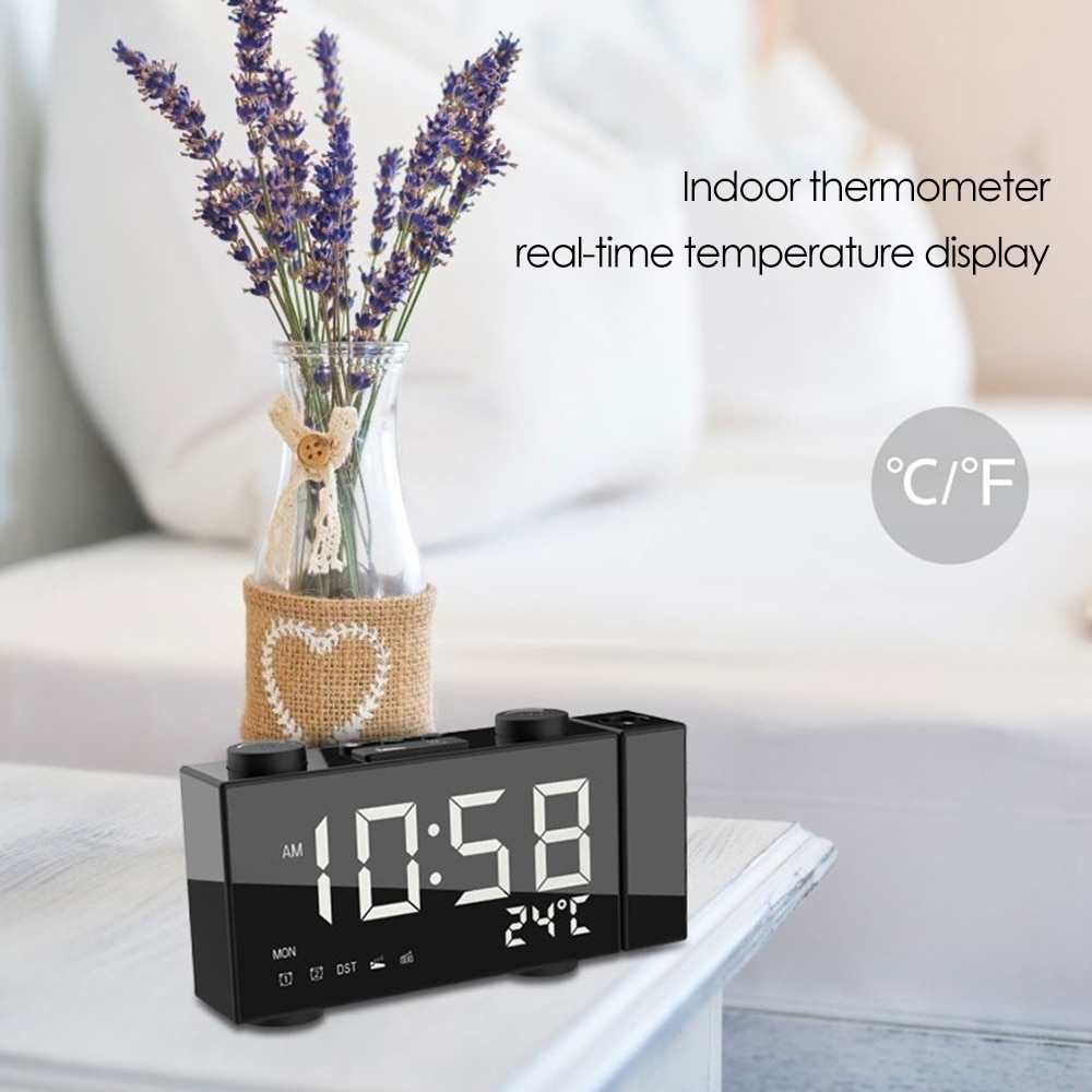 6 Inch Portable Digital FM Projection Radio Alarm Clock 4 Brightness Adjustment USB Powers Supplys LED Thermometer Clock
