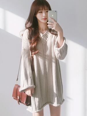 Women Kawaii Spring And Autumn V-Neck Long-Sleeve Knitted Beach Dress Female Korean Harajuku Dress For Women: apricot