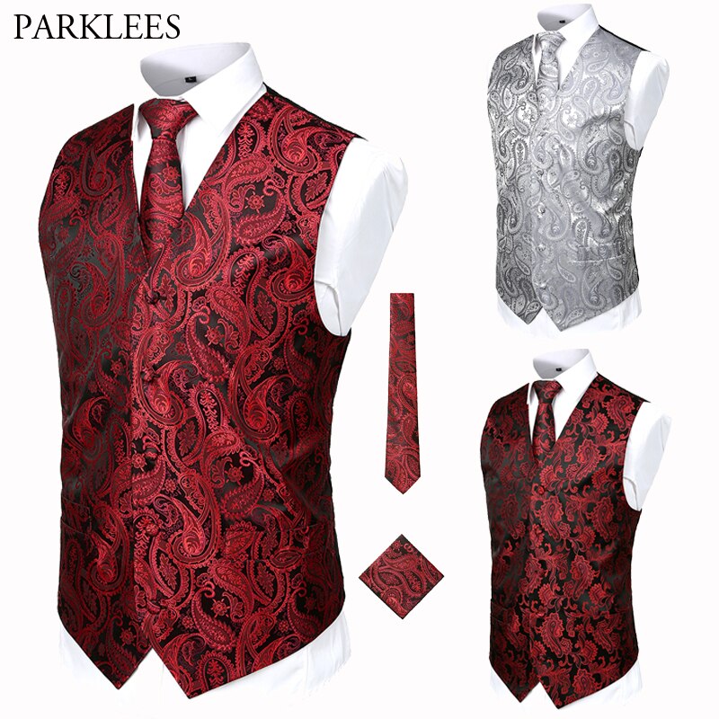 Bruiloft Mannen Vest Set (Vest + Stropdas + Pocket) 3 Pcs Mannen Gilet Paisley Bloemen Vest Mannen Party Casual Slim Fit Heren Pak Vesten Usa