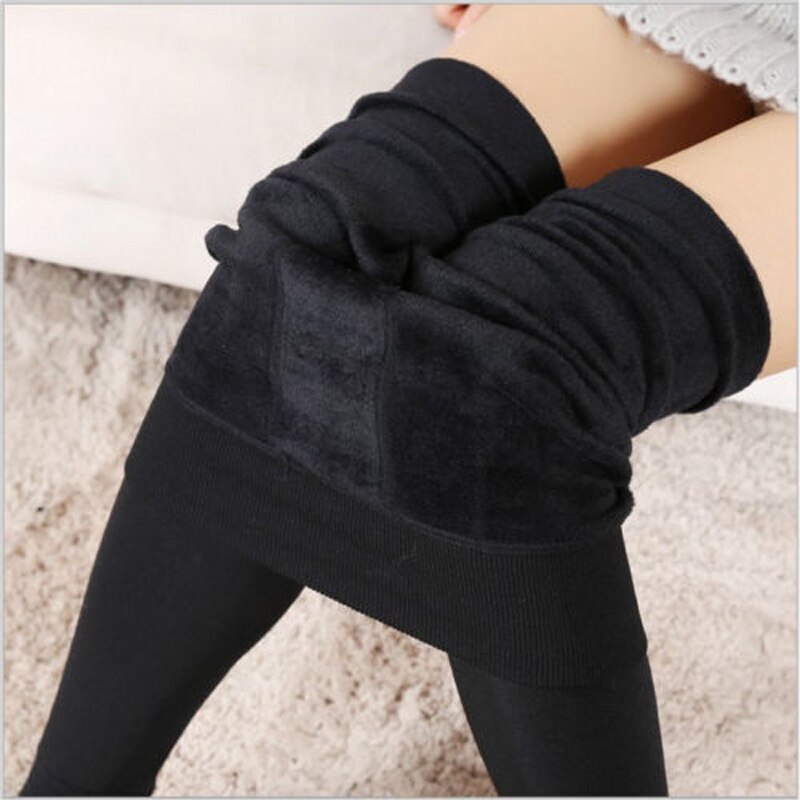 Warm Winter Tights Women's Thick Fleece Lined Thermal Stretchy Clothes Tights Woman Solid Cotton Blend Tights: Black