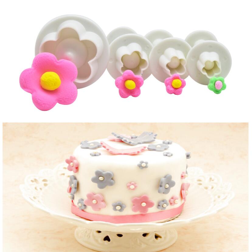 4pcs Flower Shape Plastic Baking Mold Kitchen Biscuit Cookie Cutter Pastry Plunger 3D Stamp Die Fondant Cake Decorating Tools
