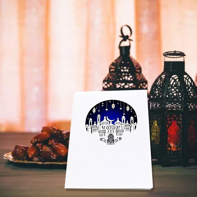 3D Eid Mubarak Greeting Card Moon Mosque Islamic Year Cards