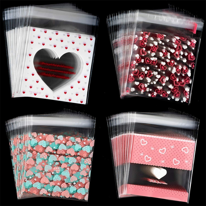 100 Uds 7x7/10x10cm bolsa de plástico para violonchelo con forma de corazón bolsa autosellante para DIY dulces galletas Snack paquete para hornear decoración pequeñas empresas