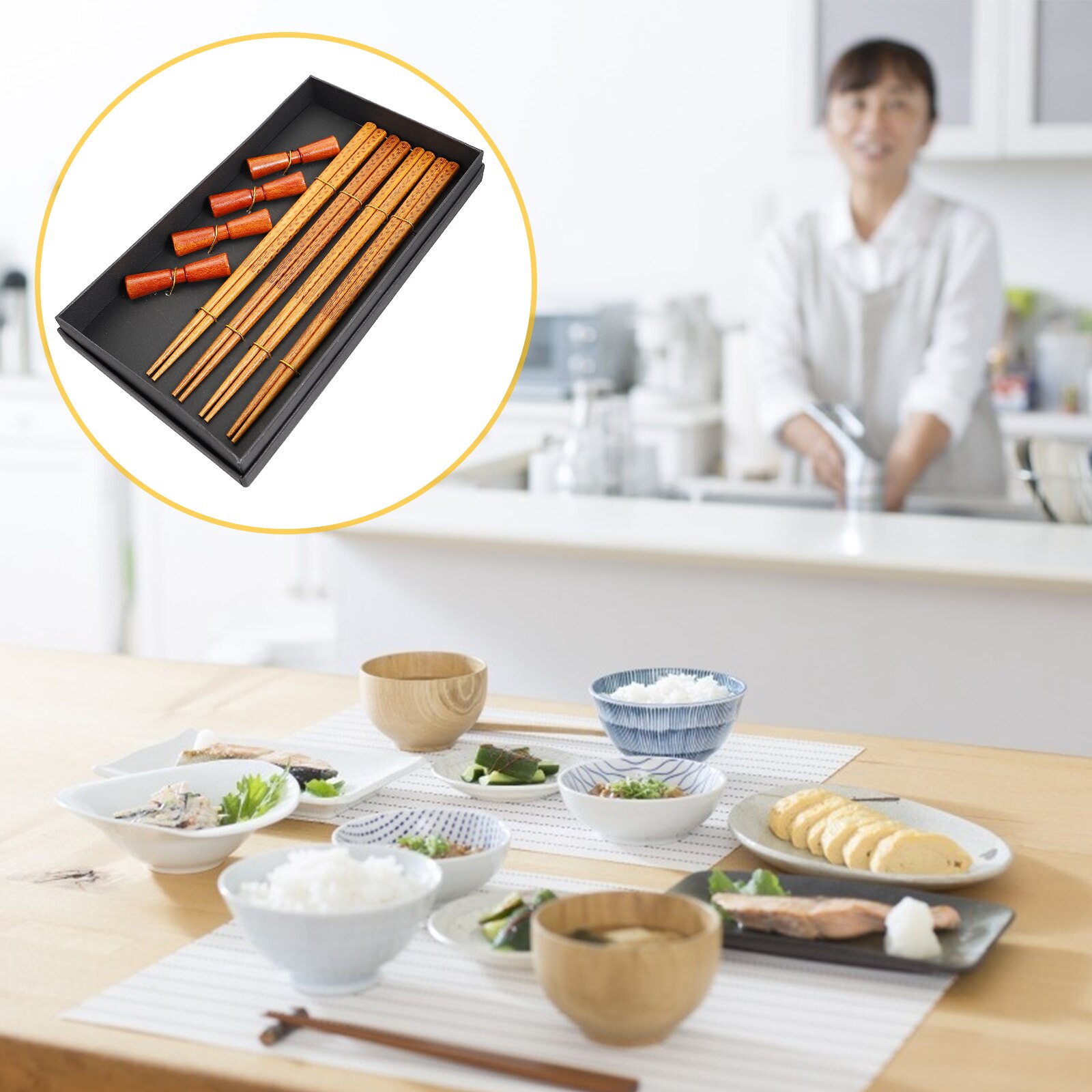 1 Set Wooden Chopsticks 4 Pairs Of Chopsticks Chopstick Holder: Assorted Color 2