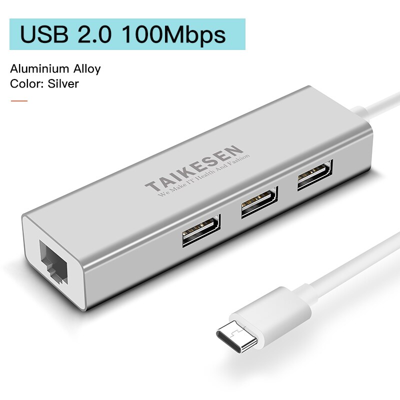 Usb c etherne  rj45 lan adapter usb type c naar usb 3.0 hub 100/1000 netwerkkaart voor macbook pro samsung  s9/s8/ note 9 usb etherne: Usb 2.0 100m zilver