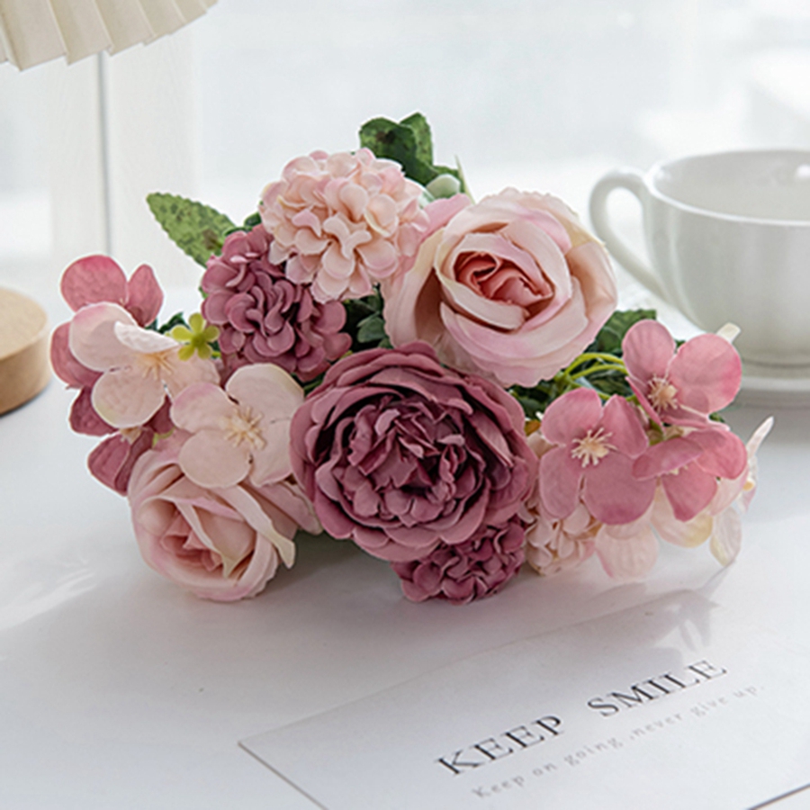 Artificial Flowers 7 Fork Silk Rose Peony Hydrangea Festival Wreath Decor Wedding Wreath Home Room Table DIY Craft Accessories: L / Brown
