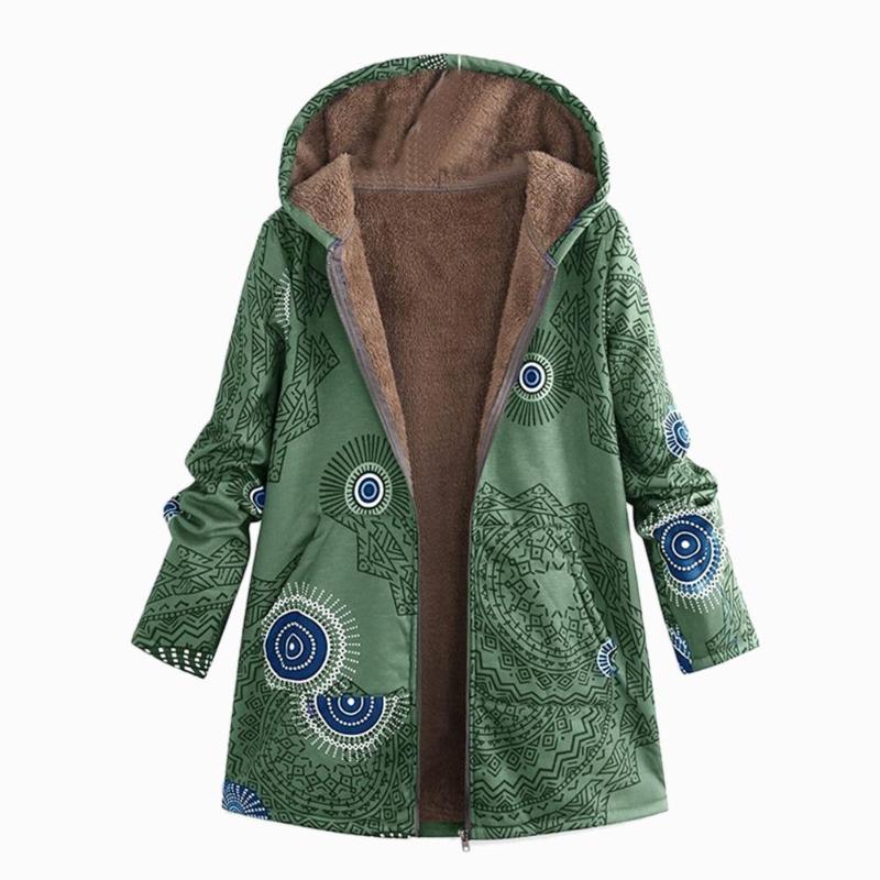 Womens Casual Winter Coat jacket Warm velvet Outwear Floral Print Hooded Pockets Zipper Print Ethnic Style Outwear: Green / XL