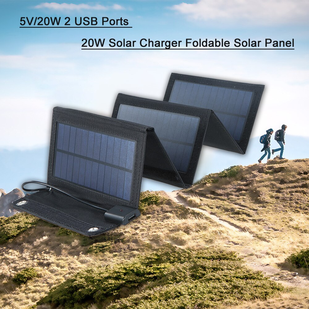 20W Solar Charger Foldable Solar Panel with 2 USB Ports Waterproof Camping Travel Compatible for iPhone &amp; Android Smartphones