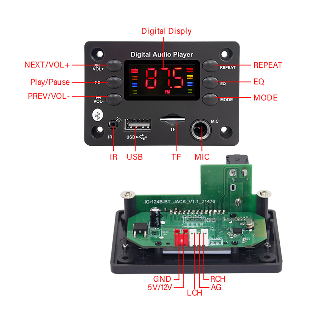 DC 5V 12V odtwarzacz MP3 Bluetooth 5.0 płyta dekodera Radio FM bezstratne odtwarzacz Audio DIY zestaw obsługuje USB zdalny mikrofon TF AUX