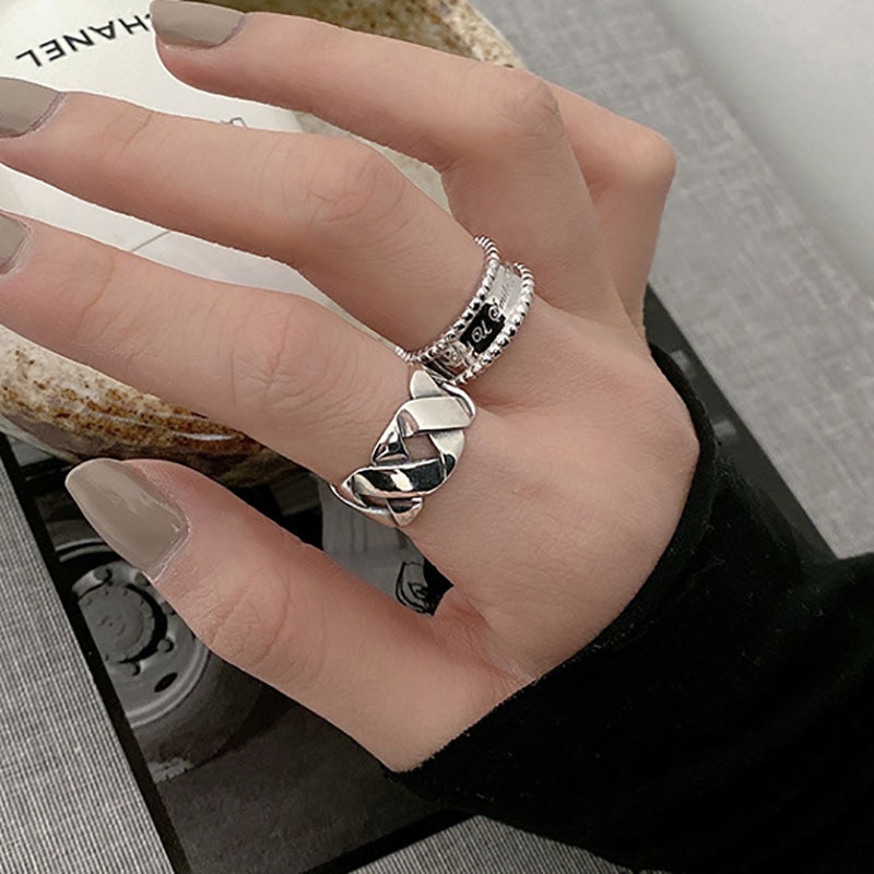 Foxanry INS 925 Sterling Silver Party Rings for Women Vintage Weaving Geometric Handmade Punk Hiphop Party Jewelry