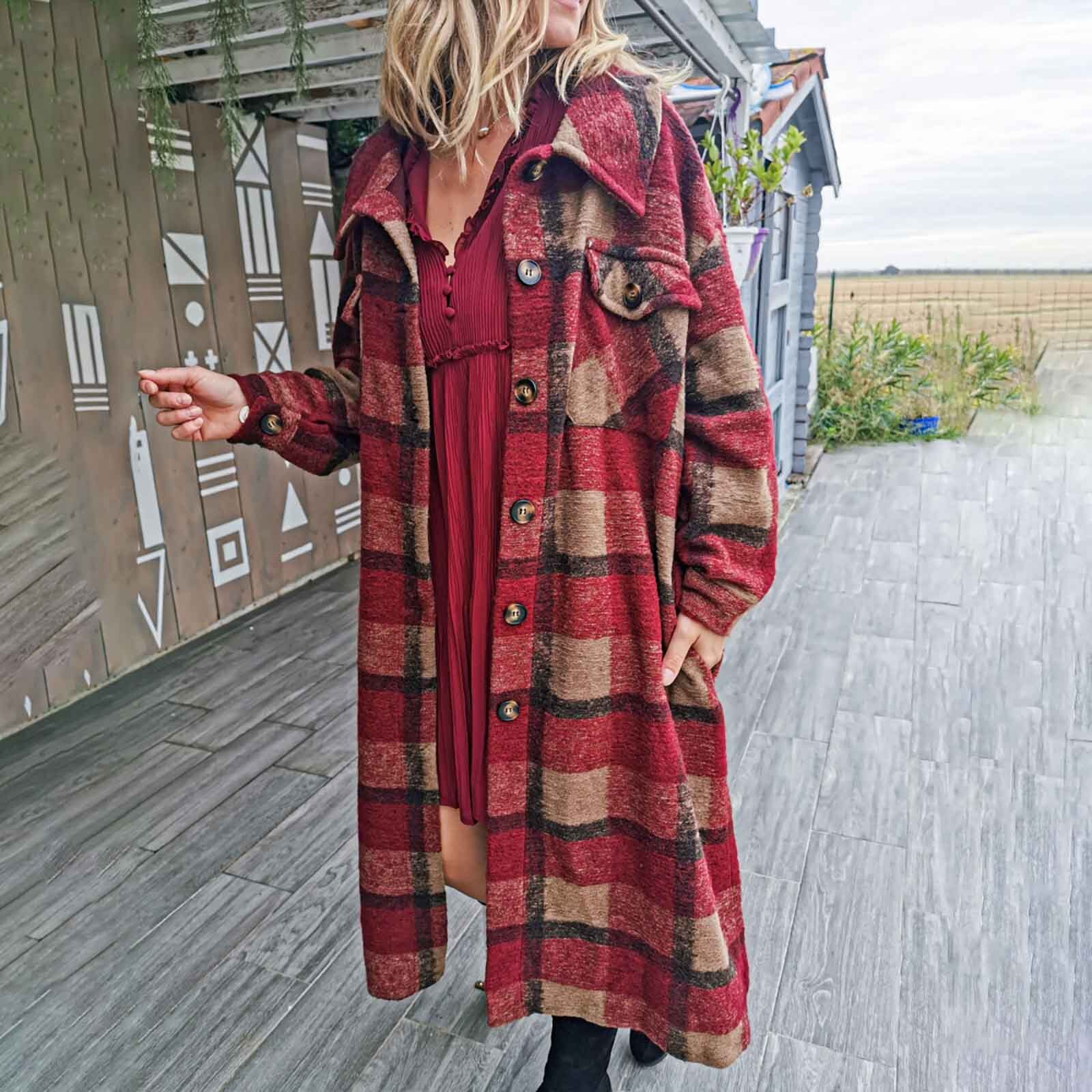 Ladies Lapel Plaid Print Long Coat Women Lattice Turn Down Collar Buttons Pockets Long Sleeve Jacket Loose Jackets Top #T2G: C / S