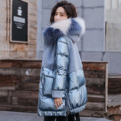 Vinter stor pälskrage parkas jacka dam tjock varm jacka kappa långa vinterjackor plus size dam vadderad överrock: Blå / Xxxl