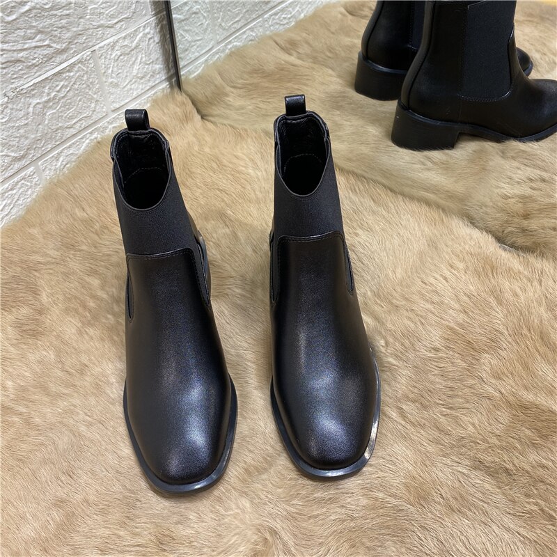 DEAT printemps automne décontracté à talons épais Martin noir élastique en cuir unique chaussures femmes courtes Cool bottes SF309: 39