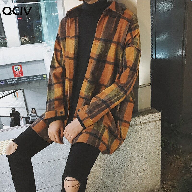 Menns rutete skjorte casual løs ulljakke jakke menn langermet skjorte herreklær streetwear