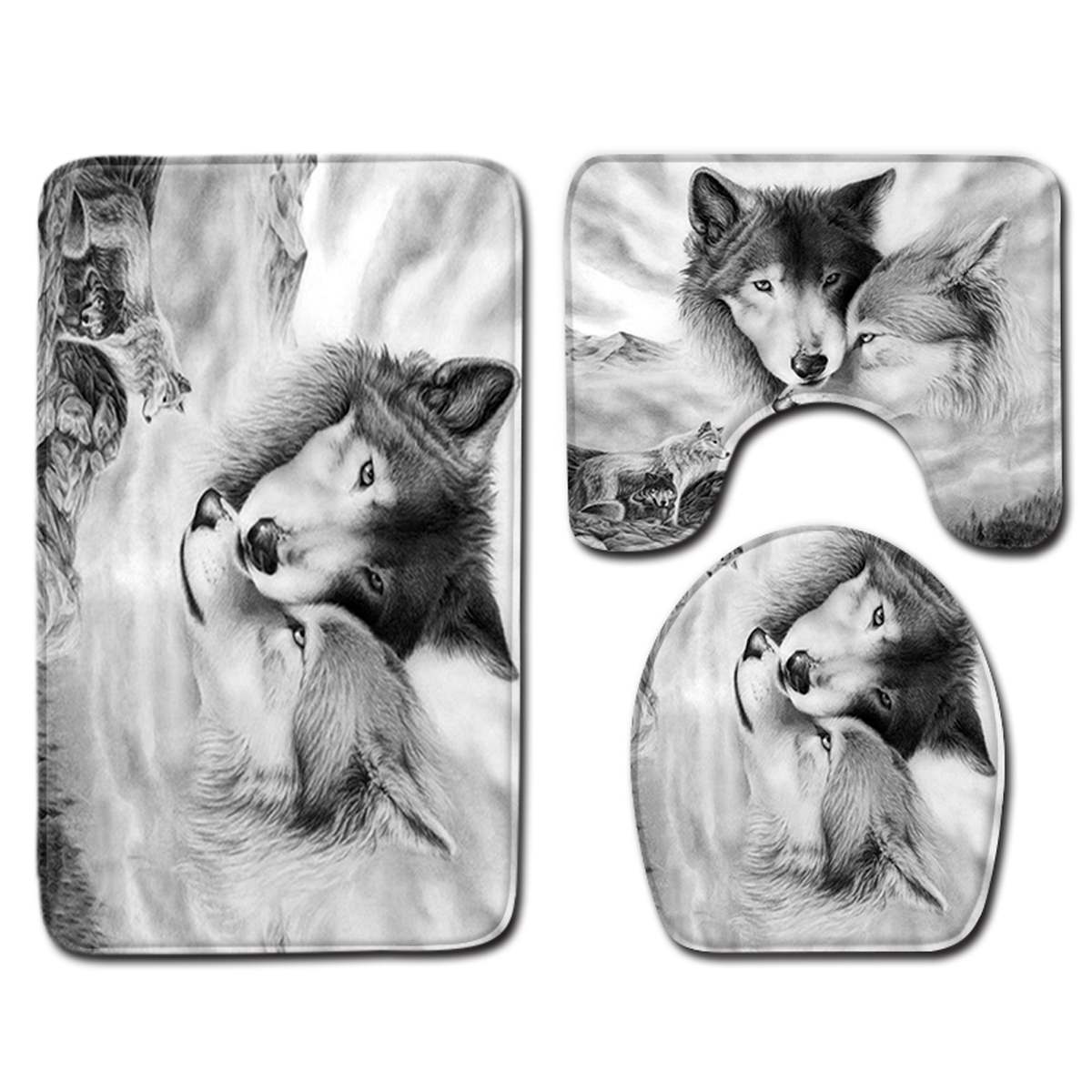 180x180cm 1 Pc/3 pièces/4 pièces blanc loup attrapeur de rêves yeux de loup avec 12 crochets salle de bain rideau de douche tapis de toilette couvercle tapis ensembles de rideaux: 2 Wolves 3Pcs