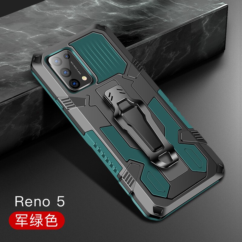 Rüstung Fall Für OPPO Reno 5 Fall Stoßfest Gürtel Clip Holster Abdeckung Für OPPO Reno 5 4G 5G CPH2145 CPH2159 Coque Funda Capa: For OPPO A93 / Dark Green