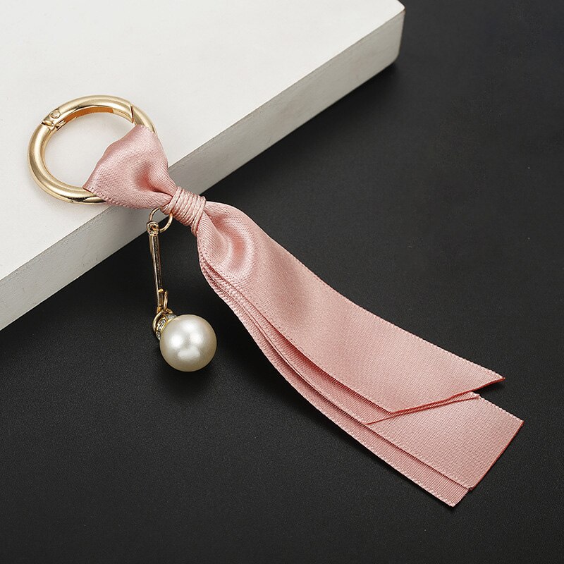 Handmade Women's Bag Jewelry Pendant Car Key Ring Pearls Detachable Korean Ribbon DIY Accessories Silk Keychain