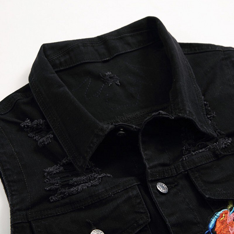 Mens Denim Vests Summer Distressed Sleeveless Black Jaqueta Masculina Slim Fit Embroidery Flower Casual Jeans Vest