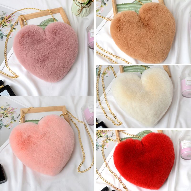 Super Cute Heart Hairy Mini Shoulder Bags Furry Plush Messenger Bags Small Purse Cross Body Handbag for Women Girls