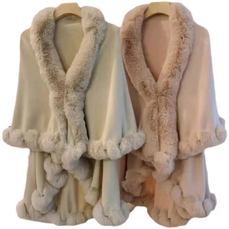 Cárdigan con cuello de piel de conejo sintética para mujer, de 2 capas capa larga, Poncho cálido y suelto, abrigo de invierno, 10 colores