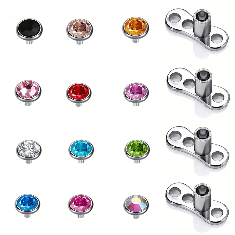 16PCS Crystal Dermal Anchor Tops 3-6mm 14G Surgical Steel Surface Piercing Skin Base: Rhodium Plated