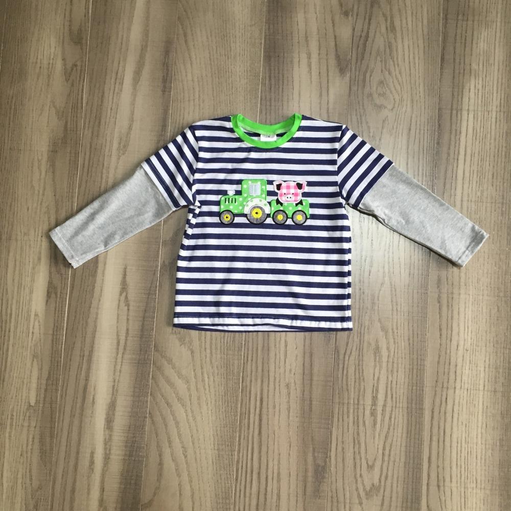 Girlymax fall/winter baby boys cotton grey navy stripe long sleeve top t-shirt raglan truck farm yard children clothes