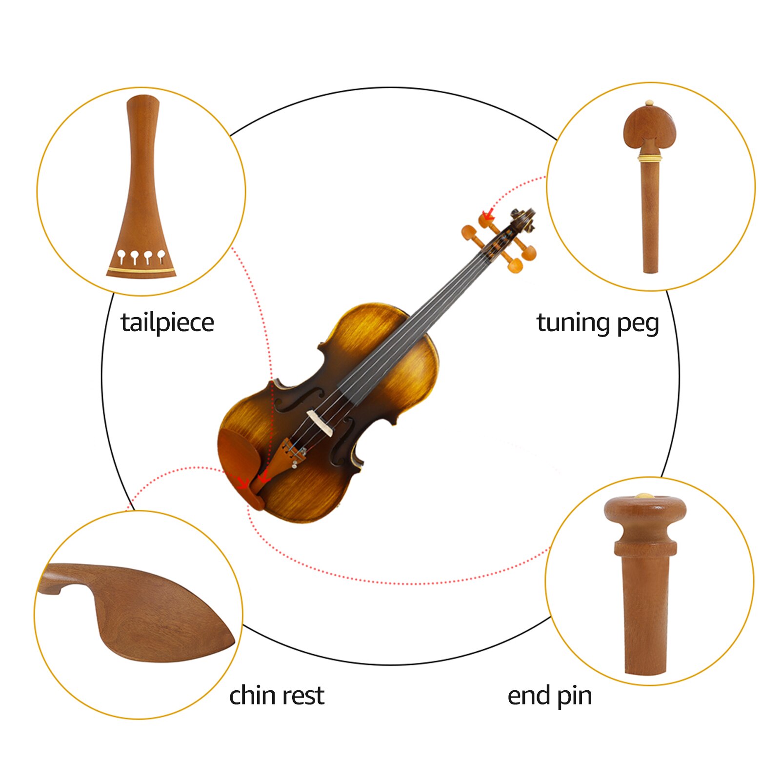 Muslady 4/4 Violin Accessory Parts Set Jujube Wood with Tailpiece Chin Rest End Pin Tuning Pegs